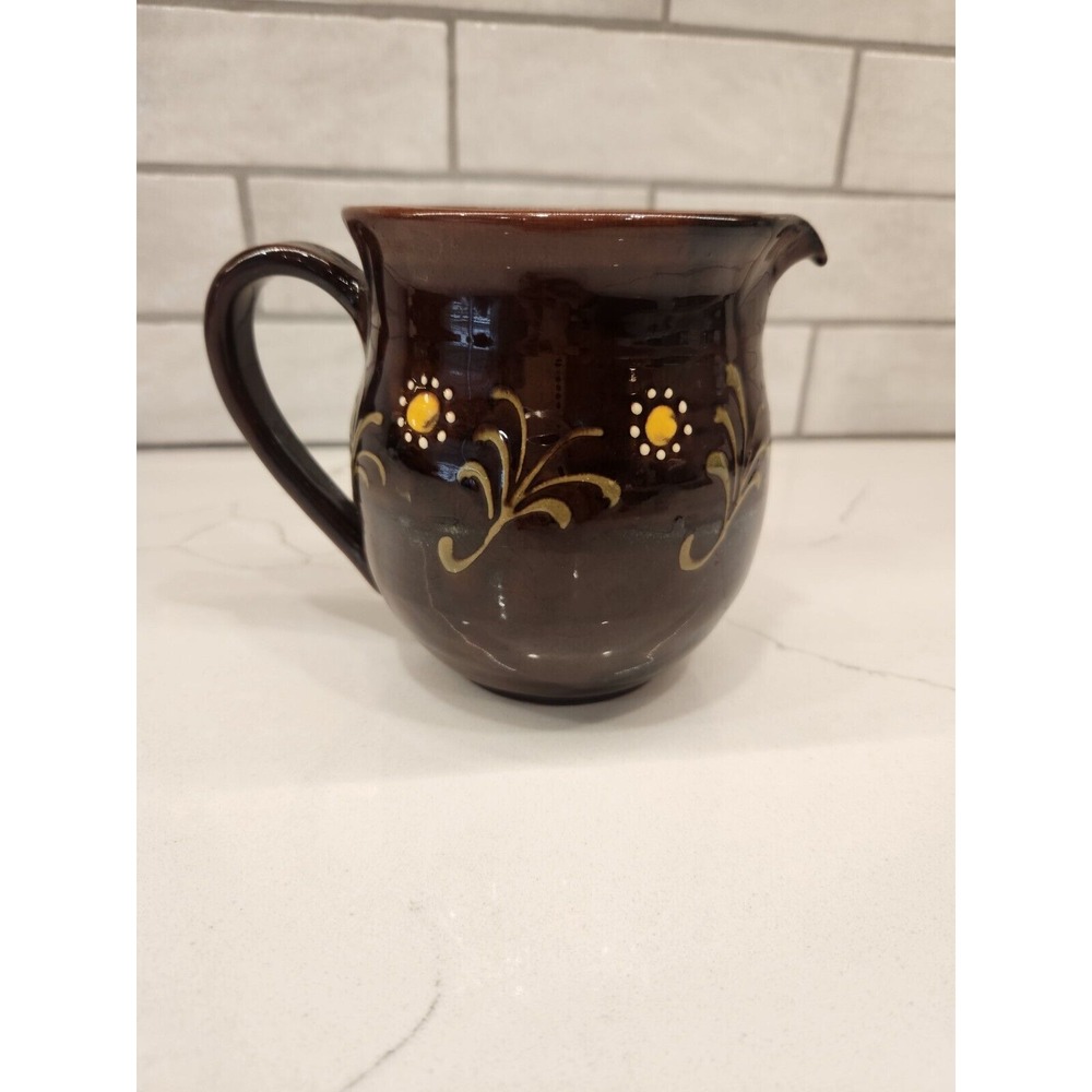Redware Pottery‎ Pitcher Hand Painted Flowers Brown Glaze Signed By Artist
